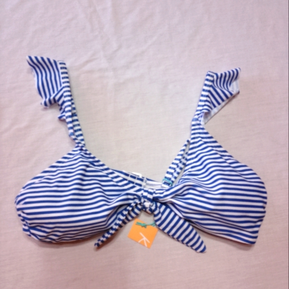 NWT Kona Sol Blue and White Striped Bikini Top Ruffled Straps